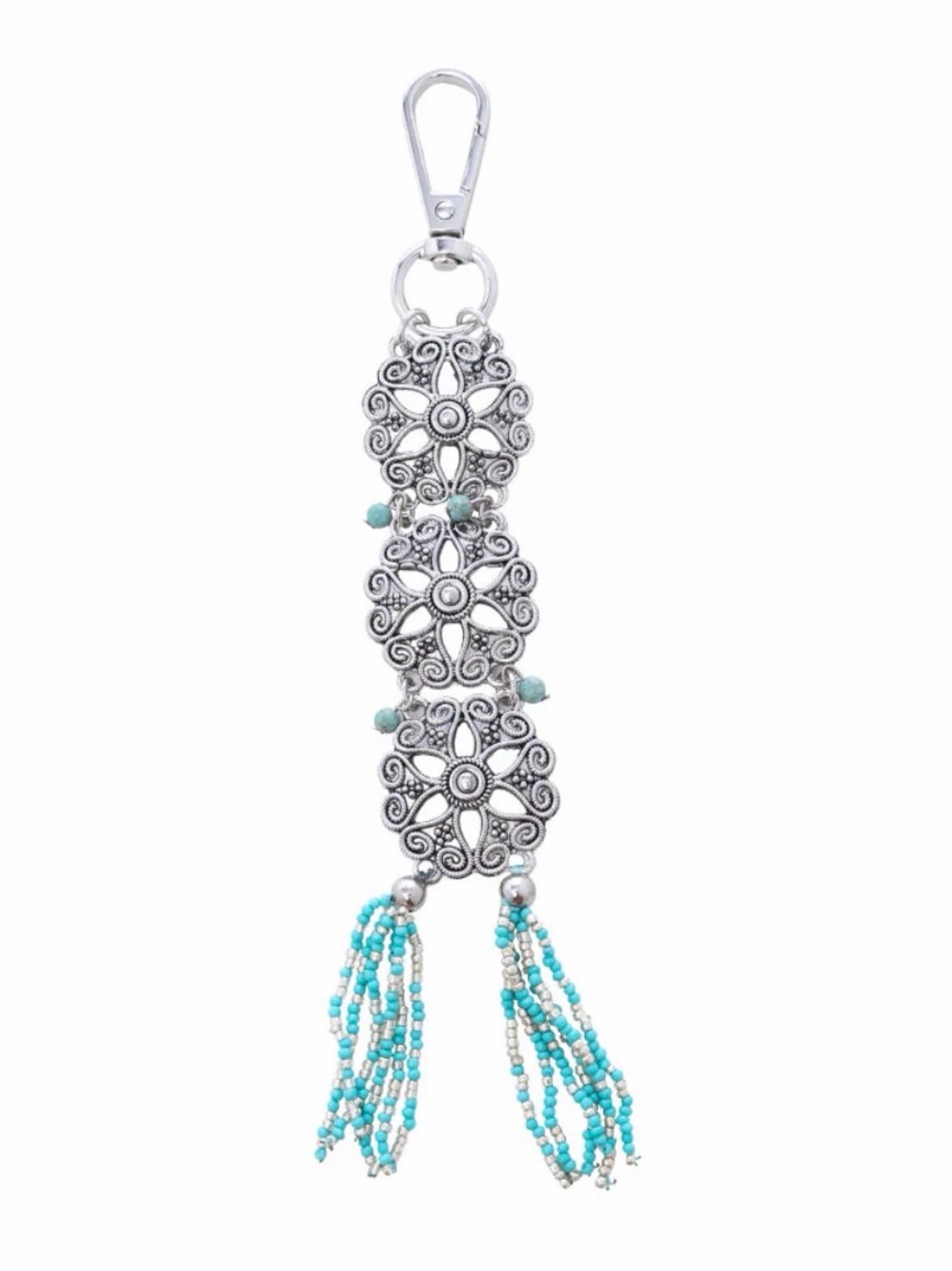 Western Bag Charm Silver and Turquoise Floral Tassel Keychain Charm